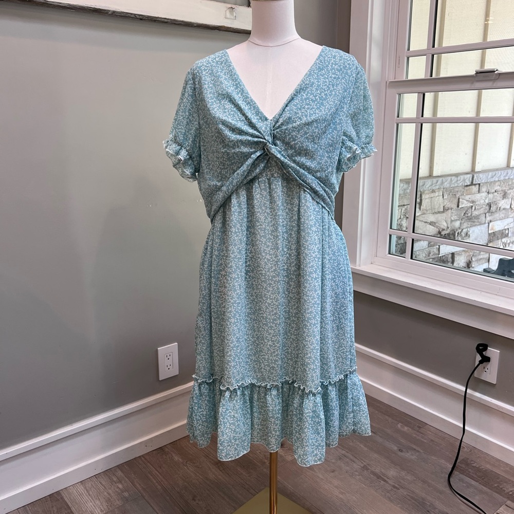 Suzanne Betro Light Blue Floral Twist-Front Midi Dress